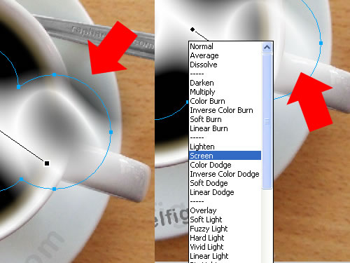 Por padrão a imagem está com o modo Blend em normal que acaba deixando os restos pretos do degradê, para corrigir isto mude a configuração do modo Blend para Screen que faz com que o todo fundo escuro torne-se transparente.